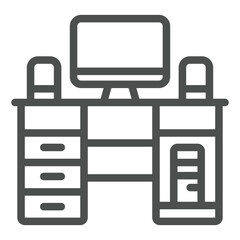Computer desk with system unit and monitor line icon, house and interior concept. Vector graphics. Desktop on table sign on white background, outline style icon for mobile or web design.