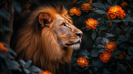 Fototapeta premium Majestic lion amidst vibrant flowers (1)