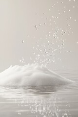 An endless cascade of soft, fine white powder gracefully floats through the air, creating a serene and ethereal atmosphere.