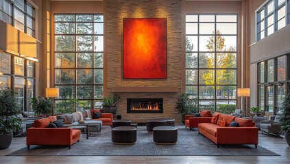 In the bright and welcoming lounge of an upscale senior living facility, vibrant artwork adorns the walls above comfortable chairs arranged around coffee tables,