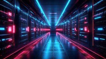 Fototapeta premium Neon-Lit Server Room: A Glimpse into the Digital Core