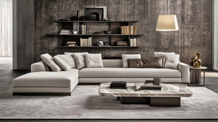 Modern sectional sofa in a stylish living room with bookshelves and a coffee table