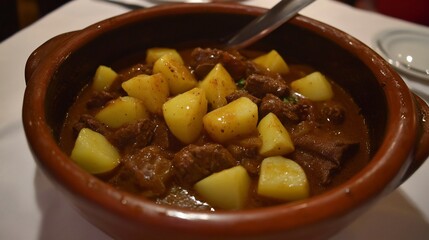 Hungarian goulash hearty beef stew with paprika and potatoes served in a traditional clay pot