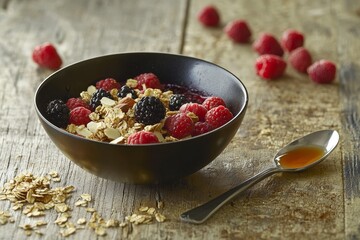 Delicious acai bowl with berries, granola, and almond flakes highlights spontaneous breakfast indulgence