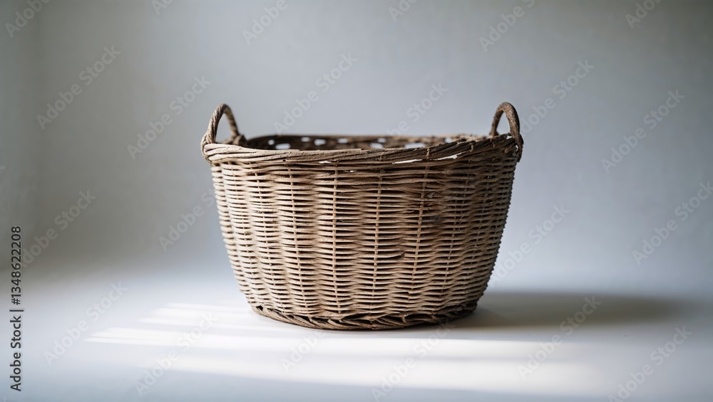Poster woven basket resting on a smooth surface in natural light, showcasing intricate craftsmanship and de