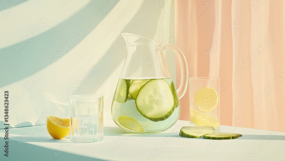 Poster refreshing summer drink with cucumber slices and lemon in a glass pitcher on a soft pastel backgroun