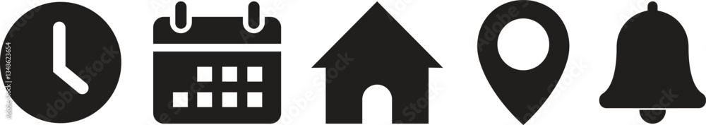 Poster time, date and address black flat icons set. event calendar reminder clock business schedule signs, 