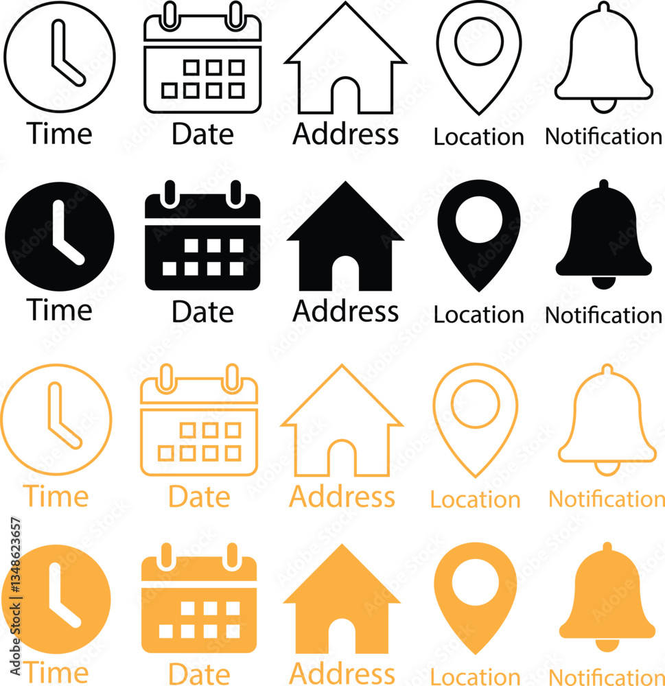 Poster time, date and address line and flat icons set. event calendar reminder clock business schedule sign