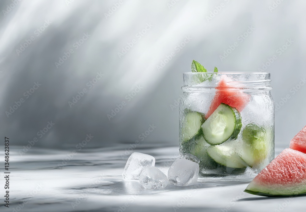 Poster refreshing summer treat with watermelon and cucumber in a jar surrounded by ice and mint on a light 