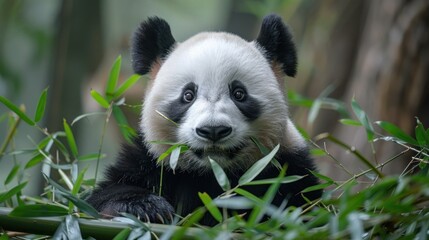Obraz premium Adorable panda cub eating bamboo in a lush forest