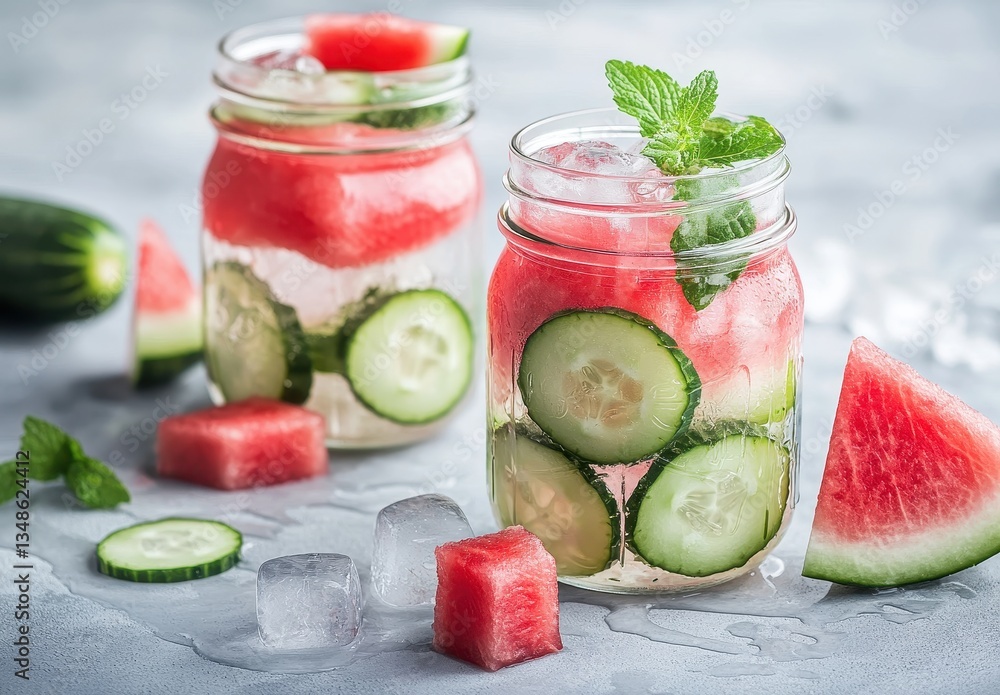 Poster refreshing watermelon cucumber drink in jars with mint garnish and ice cubes on a light gray surface