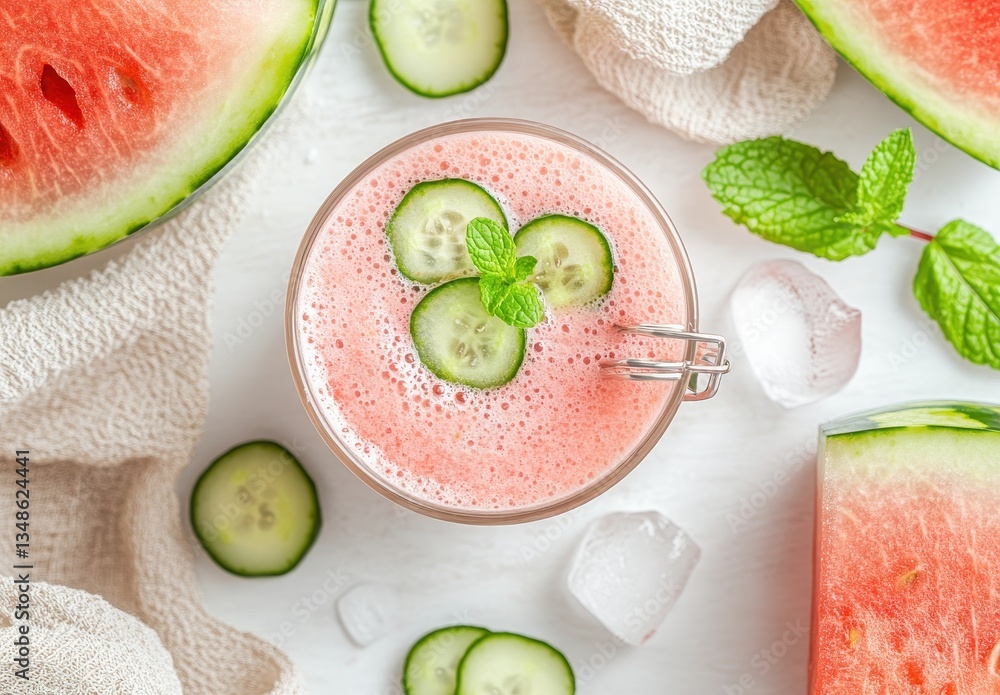 Poster refreshing watermelon cucumber smoothie with mint garnish and ice cubes on a light background perfec