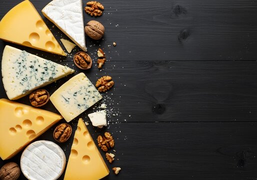 A Delicious Selection of Cheeses and Walnuts on a Dark Wooden Background: Gourmet Cheese Platter with Brie, Cheddar, and Blue Cheese