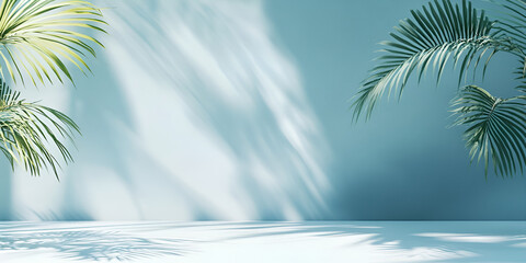 Fototapeta premium Tropical Palm Tree with Shadows on Blue Wall