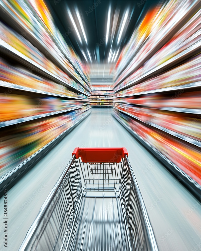 Poster aisle of abundance: a dynamic perspective captures a shopping cart's journey through a supermarket a