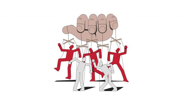 Controlling hand manipulating puppets 2D animation. Authority dominance. Puppeteer pulling marionettes strings animated cartoon arm human body part 4K video isolated on white transparent