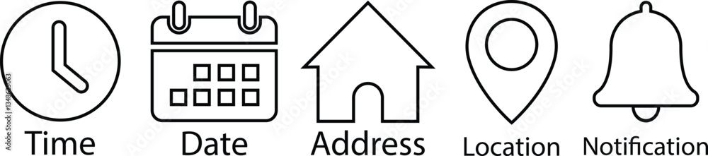 Poster time, date and address black line icons set. event calendar reminder clock business schedule signs, 