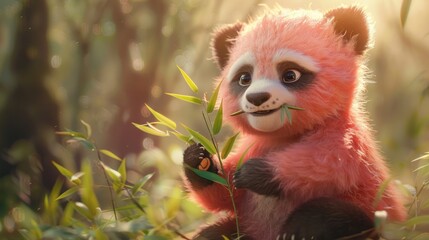 Fototapeta premium Pink Panda Cub Eats Bamboo in Forest