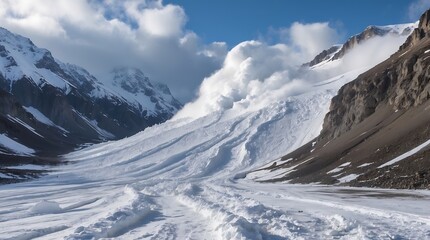 Avalanche cascading down a mountainous slope under bright blue skies