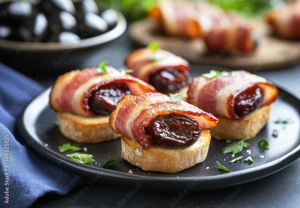 Aufkleber savory appetizers with bacon-wrapped dates on rustic bread served on a dark table with fresh herbs a