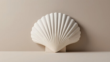 Minimalist Composition of a White Jacobean Scallop Shell Symmetrically Displayed Against a Neutral Background