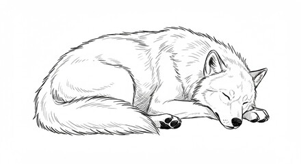 Serene Sleeping Wolf Detailed Line Drawing of a Curled Up Canine Resting