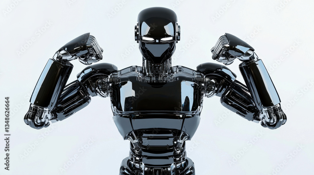 Poster a futuristic robot showcasing strength and advanced technology in a sleek design. isolated on white 