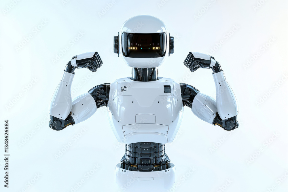 Poster a futuristic robot showcasing strength in a minimalistic design. isolated on white background.