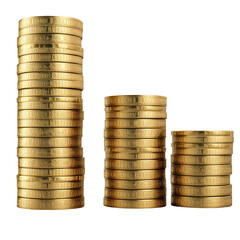 stacks of golden coins money growth concept isolated on white or transparent background