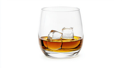 A glass of whiskey with ice cubes, perfect for cocktails or relaxing moments. isolated on white background.