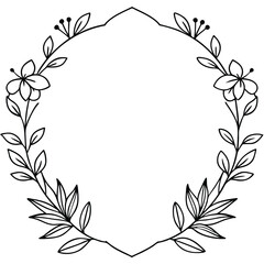 Floral Outline, Black & White Flowers, Minimalist Style, Leaves, Berries, Border