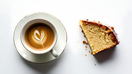 Coffee and cake served on white background