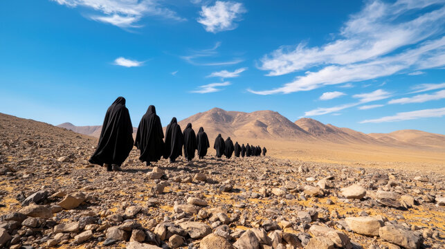 A group of people walking in traditional attire across a barren landscape.