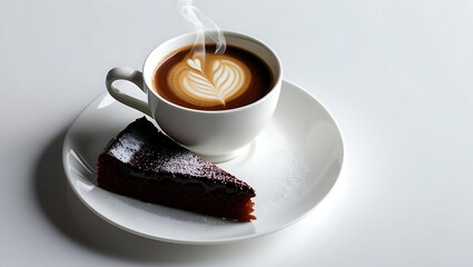 A cup of hot coffee on a white background with a saucer ready for breakfast