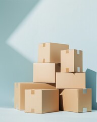 Obraz premium Stack of Delivery Boxes: A neatly arranged stack of cardboard boxes, a symbol of commerce and moving, rests against a plain background with long shadow