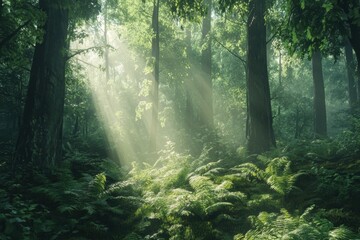 Obraz premium Sunlight filters through dense trees in a tranquil forest, revealing lush greenery and ferns