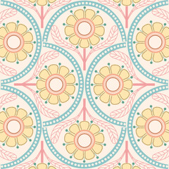 Retro floral pattern with repeating flower motifs. Ideal for textiles, wallpaper, packaging, and digital designs.	
