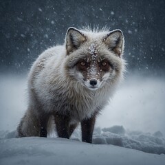 Obraz premium A mystical arctic fox surrounded by a swirling blizzard, its fur blending with the wind.