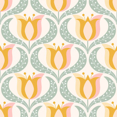 Retro floral pattern with repeating flower motifs. Ideal for textiles, wallpaper, packaging, and digital designs.	
