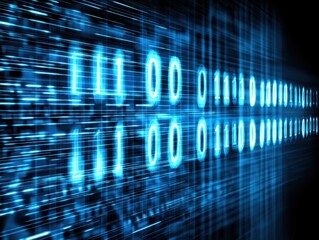 Abstract digital illustration of glowing blue binary code flowing through dark space, representing data transmission and movement in digital realms.
