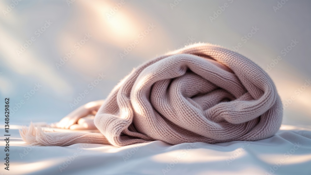 Poster cozy knitted scarf resting on soft surface illuminated by warm light in a serene indoor setting duri