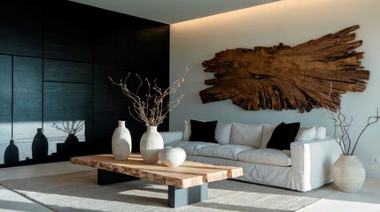 Obraz premium Generative AI, Modern living room with natural wood and contrast
