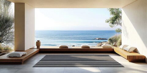 Modern coastal terrace with ocean view bright natural lighting and minimalist design