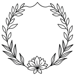 Leafy Circle with Lotus, Botanical Outline, Black and White, Simple, Elegant
