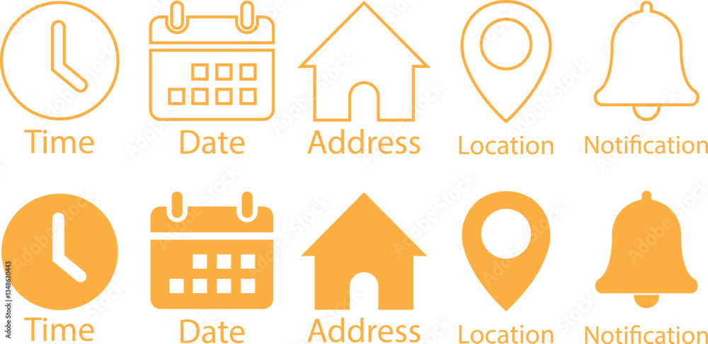 Poster time, date and address yellow line ,flat icons set. event calendar reminder clock business schedule 