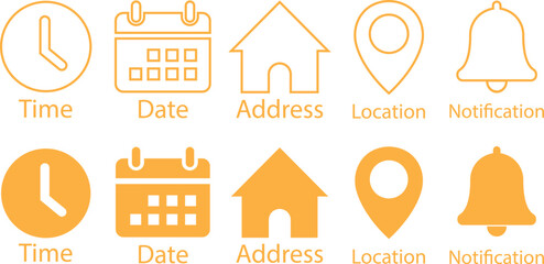 Time, date and address yellow line ,flat icons set. Event calendar reminder clock business schedule sign, location pin symbol, place pointer time map element vector isolated on transparent background.
