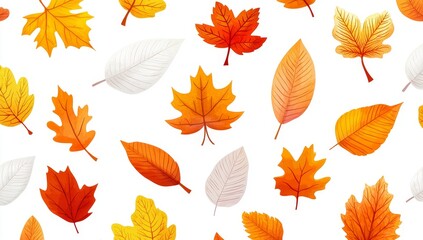 Fototapeta premium Autumn leaves seamless pattern. Colorful fall foliage design on white background