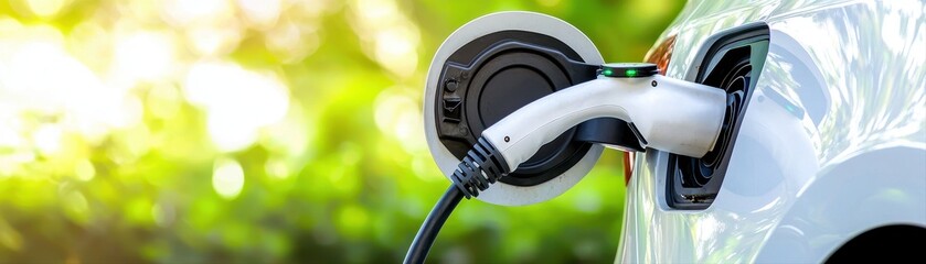 A white electric vehicle charging outdoors against a lush green foliage background showcasing eco-friendly transportation solutions for modern living today