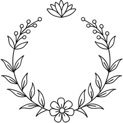 Minimalist Floral Wreath, HandDrawn Outline with Berries, Leaves, Flower, & Lotus Element