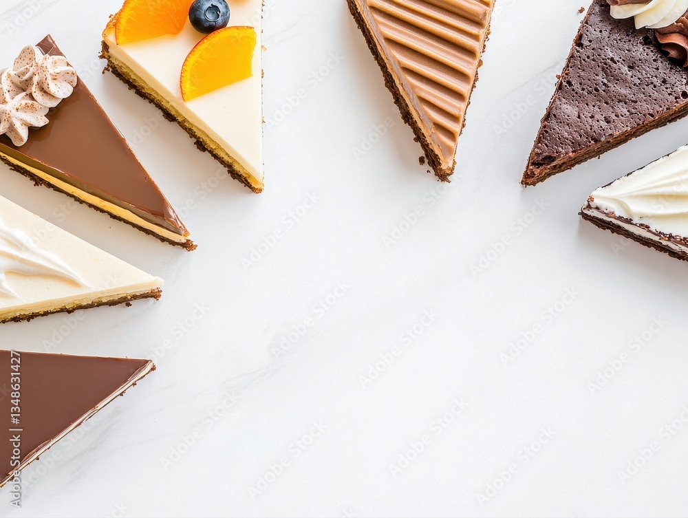 Poster overhead arrangement of assorted cake and brownie slices in semi-circle on marble surface with white